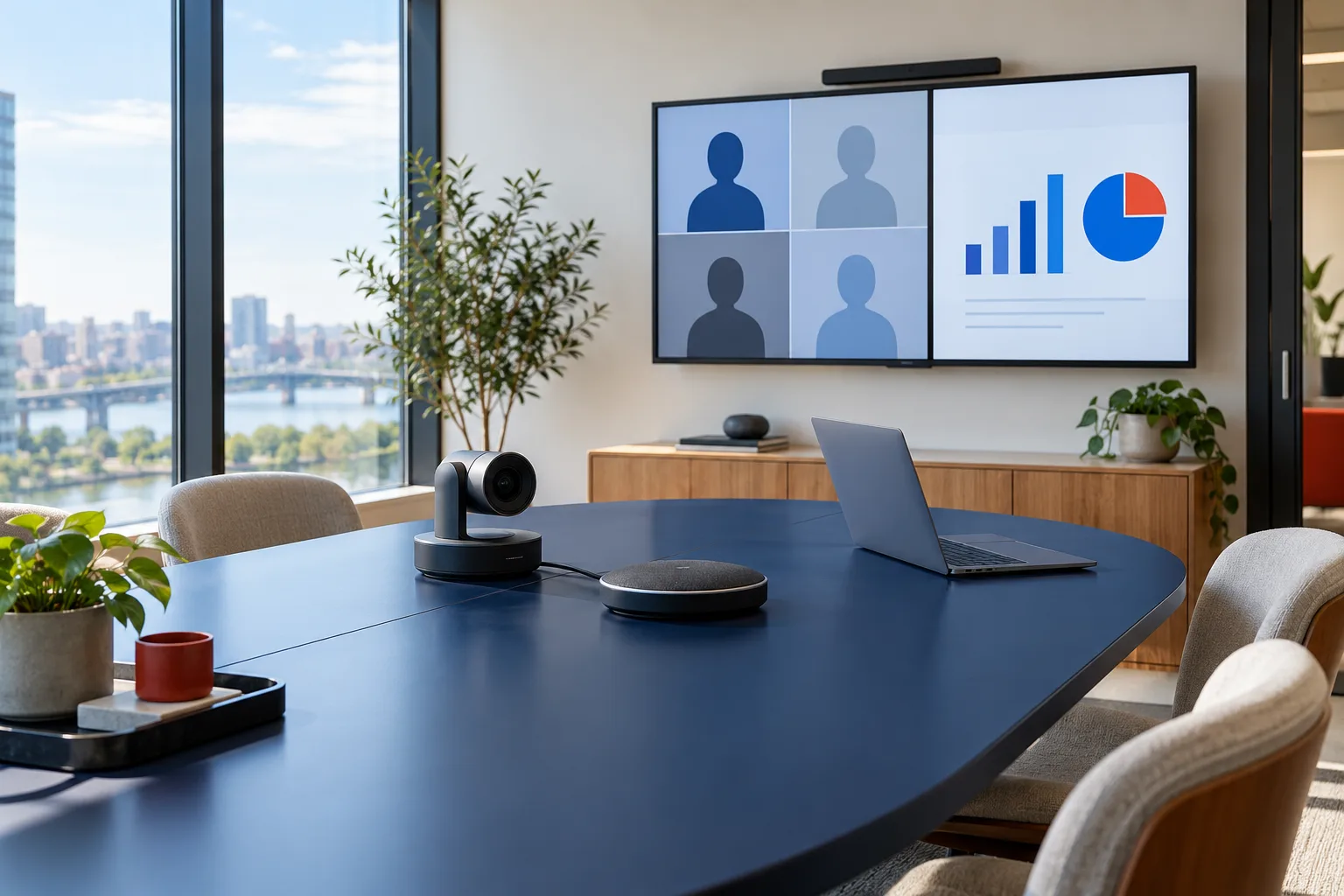 اتاق جلسه با دوربین کنفرانس، لپ‌تاپ و نمایشگر ارائهٔ آنلاین
